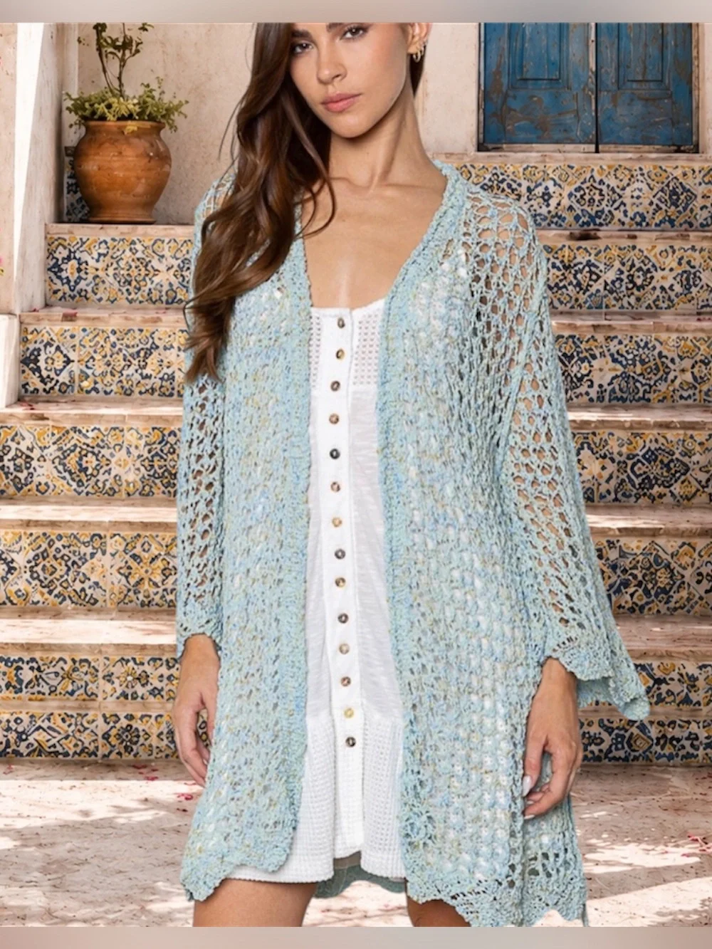 POL Light Blue Crochet Cardigan Wrap with Tie Belt Swim Cover-Up